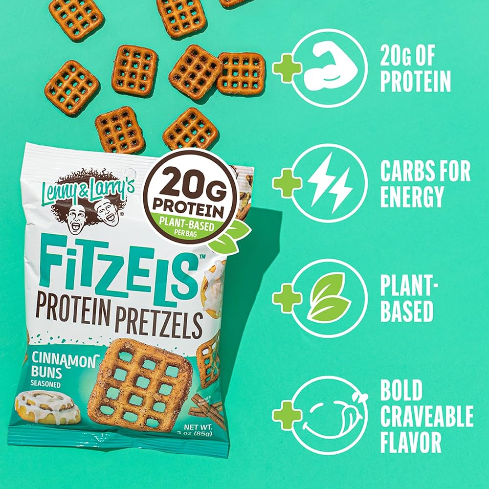 Lenny & Larry's Cinnamon Buns FITZELS- Sweet & Savory Pretzel Snacks Incredibly Tasty, High Protein Salty, Vegan, 20 g's of Plant Based Protein, 3 oz - Pack of 8