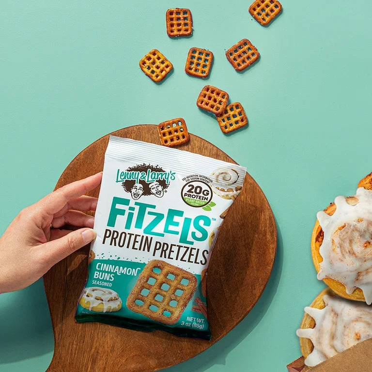 Lenny & Larry's Cinnamon Buns FITZELS- Sweet & Savory Pretzel Snacks Incredibly Tasty, High Protein Salty, Vegan, 20 g's of Plant Based Protein, 3 oz - Pack of 8