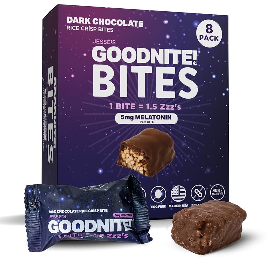 GOODNITE! Sleep Bites – Proprietary Blend with 5mg Melatonin & L-Theanine – Vegan, Gluten-Free, Kosher – Dark Chocolate Protein Snack for Restful Sleep – Pack of 8