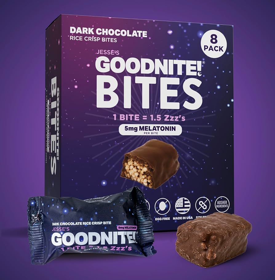GOODNITE! Sleep Bites – Proprietary Blend with 5mg Melatonin & L-Theanine – Vegan, Gluten-Free, Kosher – Dark Chocolate Protein Snack for Restful Sleep – Pack of 8