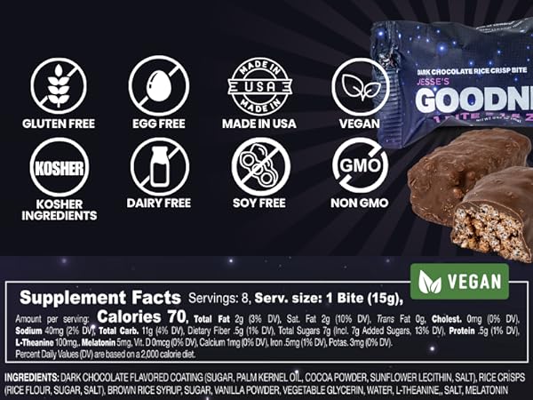 GOODNITE! Sleep Bites – Proprietary Blend with 5mg Melatonin & L-Theanine – Vegan, Gluten-Free, Kosher – Dark Chocolate Protein Snack for Restful Sleep – Pack of 8