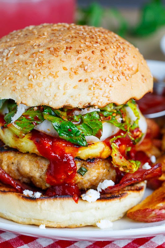 Korean BBQ Chicken Burgers with Grilled Pineapple and Gochujang BBQ Sauce
