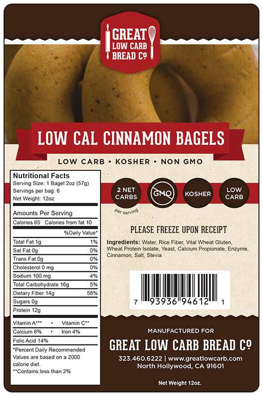 Great Low Carb 65 Calorie Cinnamon Bagels 12oz Bag of 6