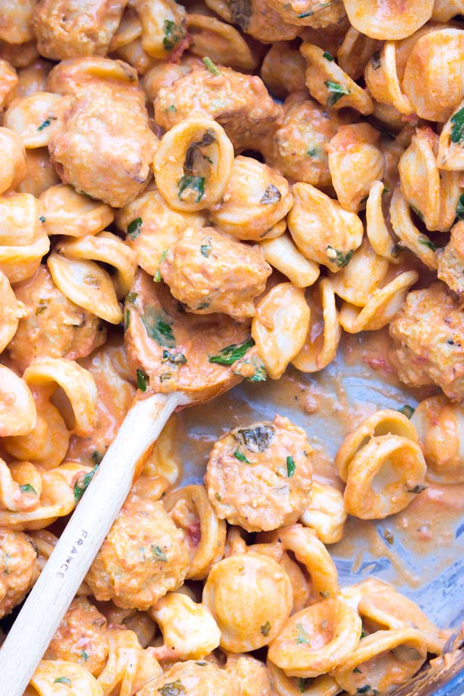 Orecchiette with Baked Mini Chicken Meatballs in Tomato Cream Sauce