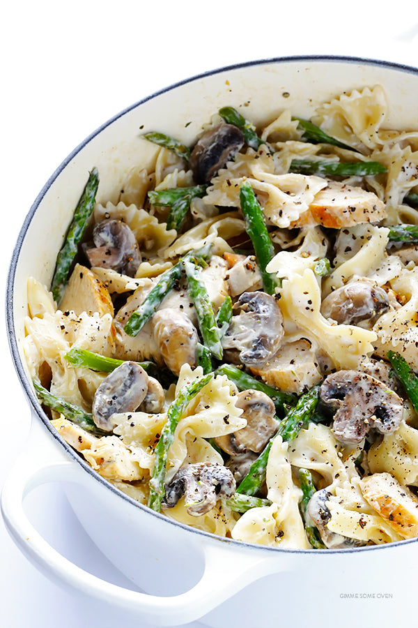 Pasta with Goat Cheese, Chicken, Asparagus & Mushrooms