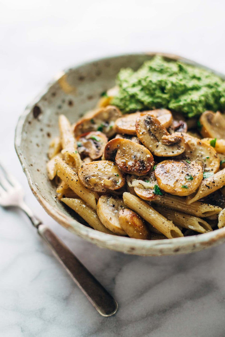 Simple Mushroom Penne with Walnut Pesto