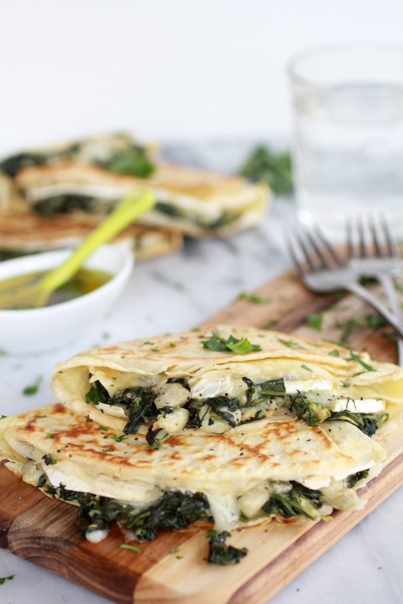 Spinach Artichoke and Brie Crepes with Sweet Honey Sauce