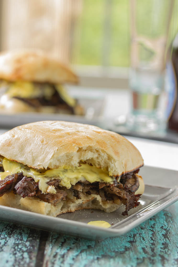 STEAK SANDWICH WITH ONIONS, MUSHROOMS, HAVARTI & AVOCADO