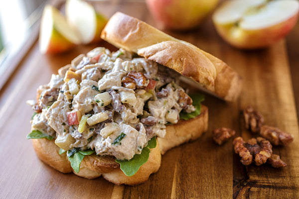 Autumn Chicken Salad with Honeycrisp Apples and Candied Walnuts on Buttery Brioche Toast