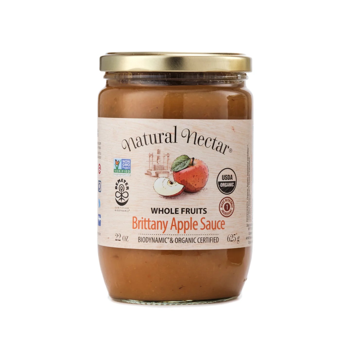 Natural Nectar Biodynamic & Organic Brittany Apple Sauce - USDA Organic Apple Sauce Certified, No Added Sugars, 22 oz - Pack of 3