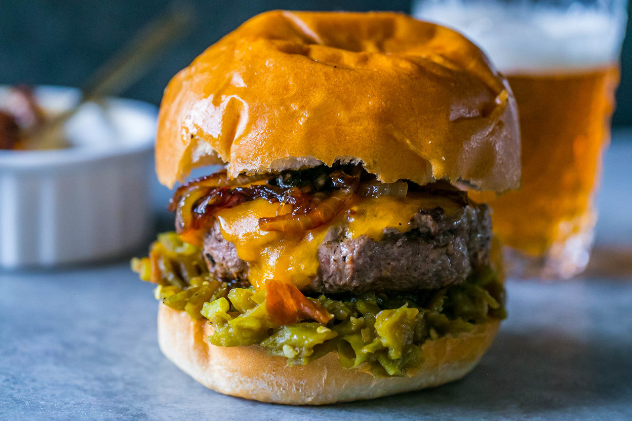 Green Chili Whiskey Onion Burgers
