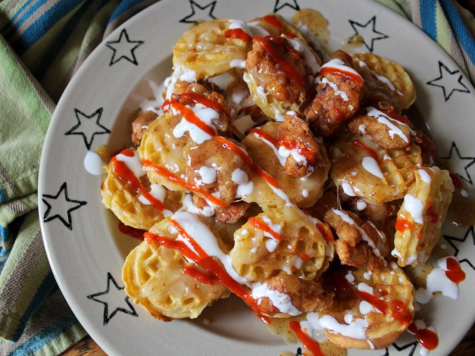 Chicken and Waffle Nachos with Maple Mustard Syrup and Sriracha