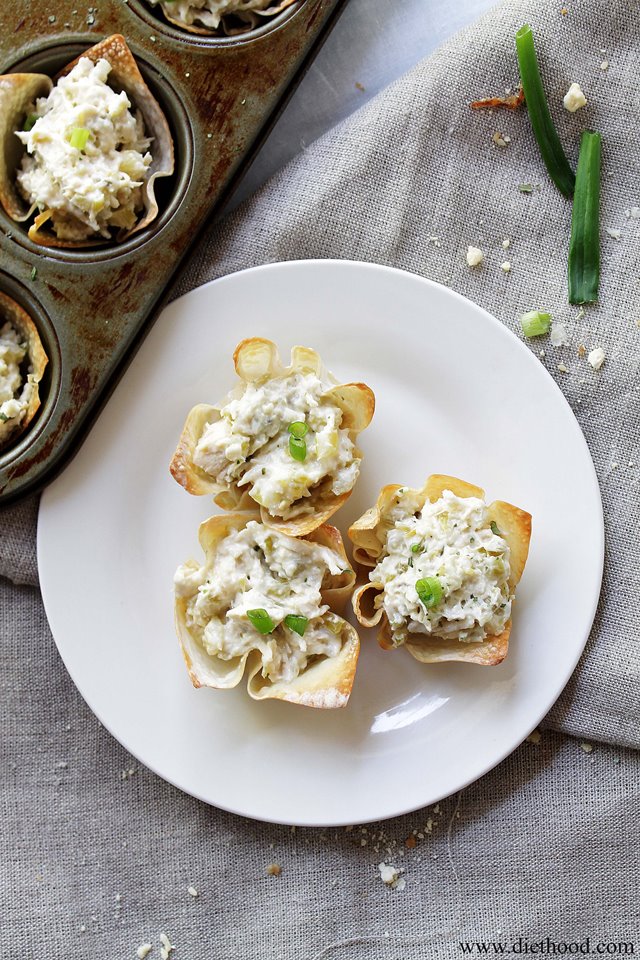 Chunky Chicken Salad Wontons w/ mixed with pickles, mushrooms and sour cream