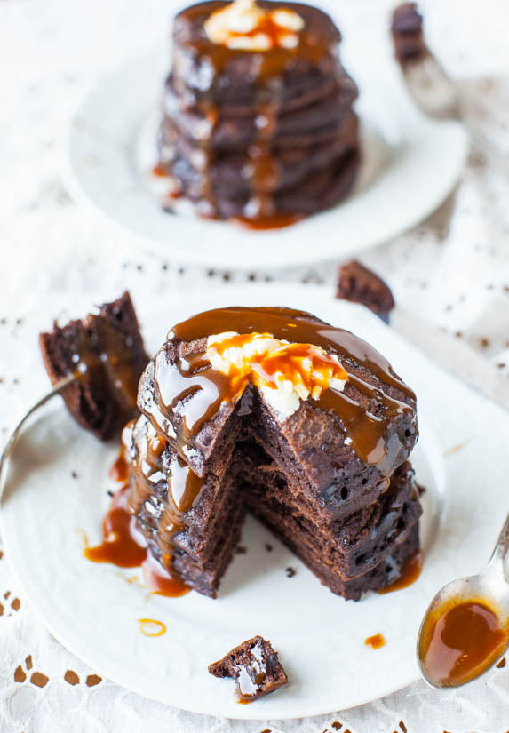 CHOCOLATE BUTTERMILK PANCAKES WITH HOMEMADE SALTED CARAMEL SAUCE