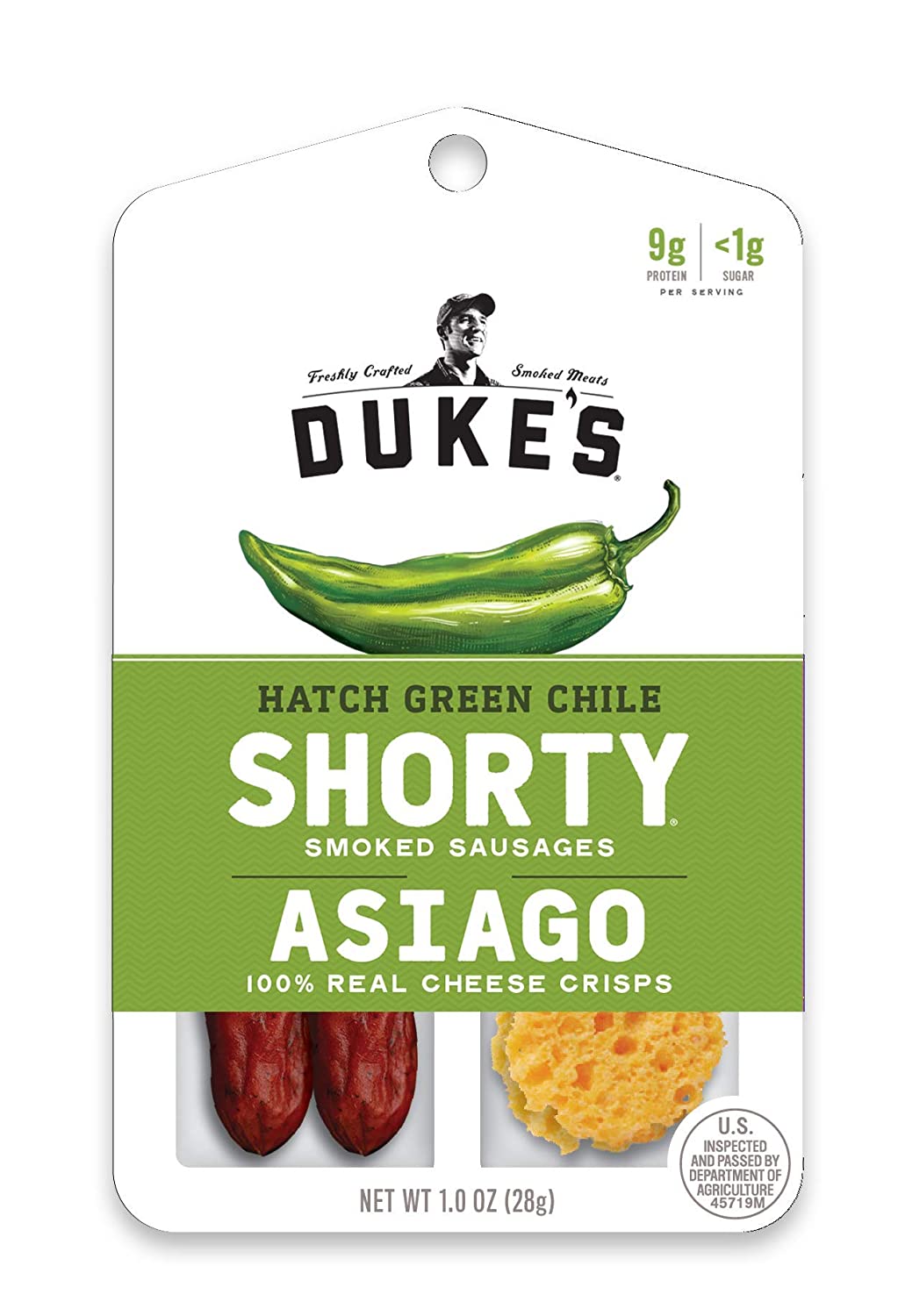 Duke's Shorty Smoked Sausages & Cheese Crisps, Hatch Green Chile & Asiago Cheese , 1 oz, 12 Count