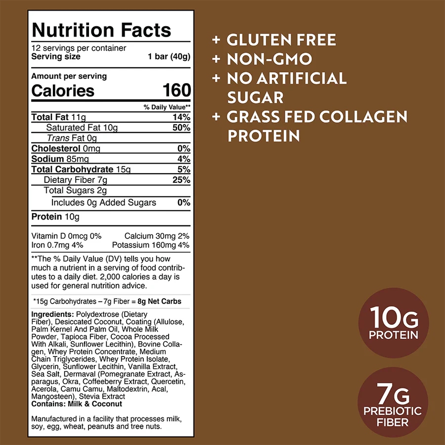 Dr. Kellyann Keto Collagen Fiber Bar — Chocolate Coconut Vibe Bar, 12 Bars