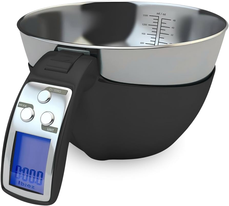 Fradel Digital Kitchen Food Scale with Bowl Removable & Measuring Cup - Stainless Steel, Backlight - 11 lb Capacity - Great Gifts for Cooks!
