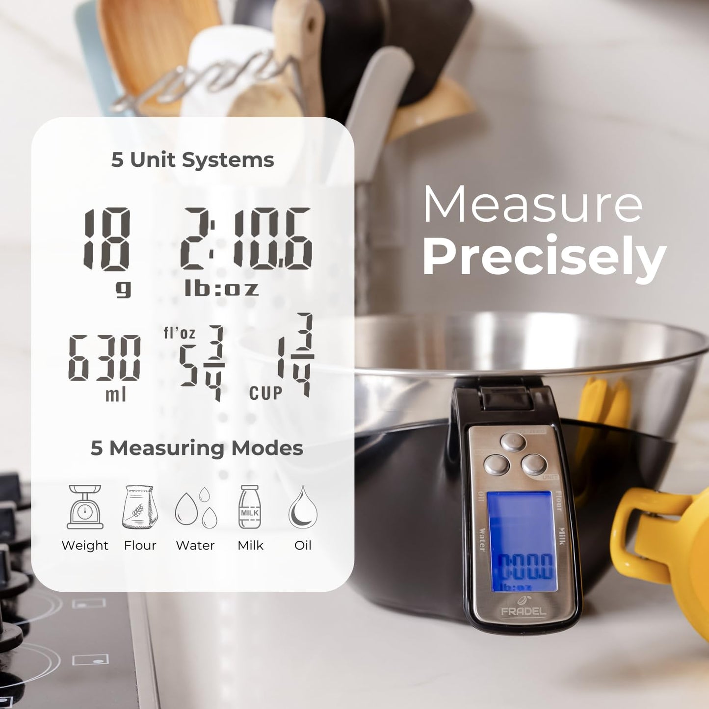 Fradel Digital Kitchen Food Scale with Bowl Removable & Measuring Cup - Stainless Steel, Backlight - 11 lb Capacity - Great Gifts for Cooks!