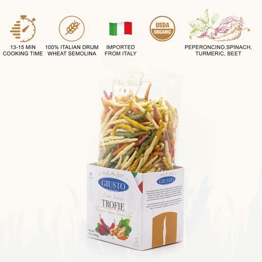 Giusto Sapore Imported Organic Artisanal Trofie Vegetable Italian Pasta, Bronze Drawn