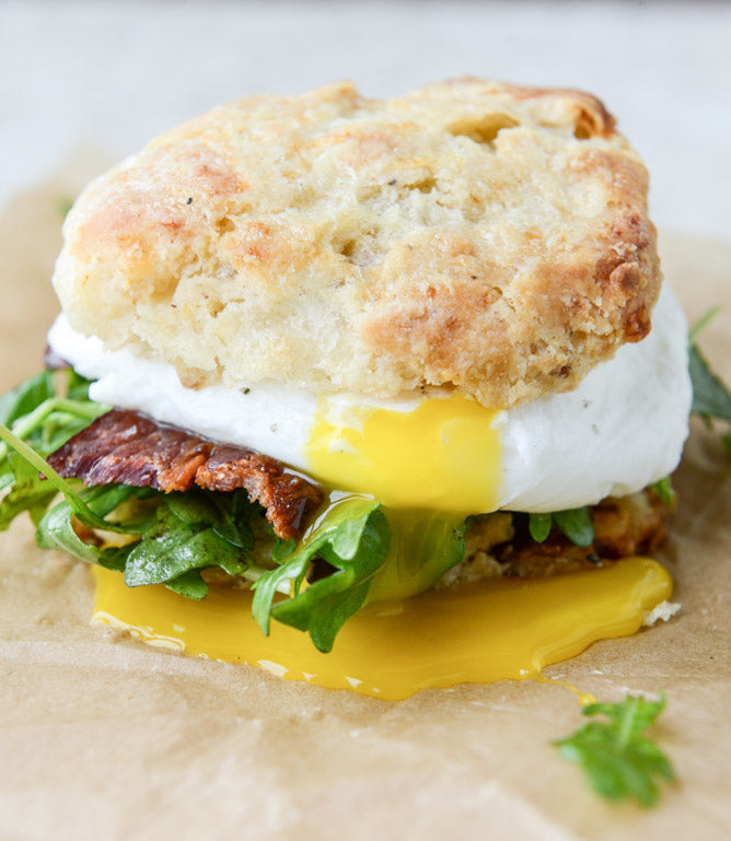 Havarti Breakfast Biscuit Sandwiches with Jalapeño, Bacon and Arugula