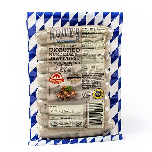 Packaged Nuremberg Bratwurst with blue and white striped border