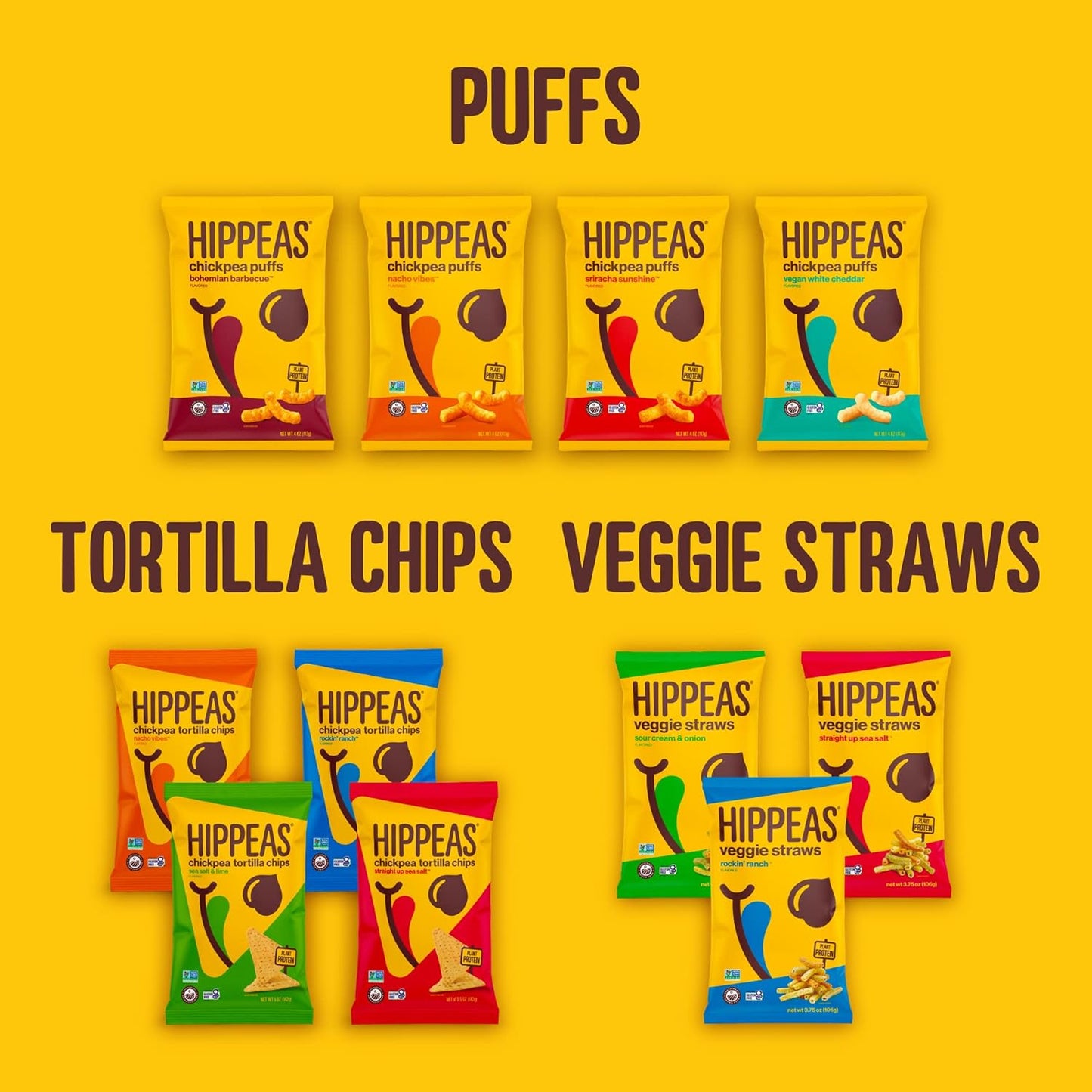Hippeas Chickpea Puffs, Variety Pack - Vegan White Cheddar, Nacho Vibes, Barbecue, Sriracha - Pack of 18