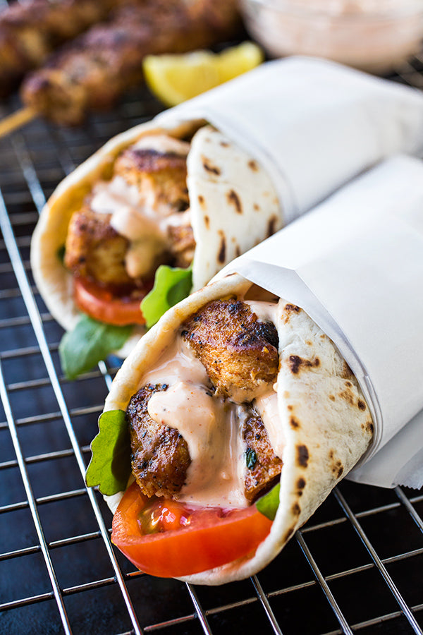 Grilled Lemon Chicken Flatbread Wraps with Spicy Garlic Sauce