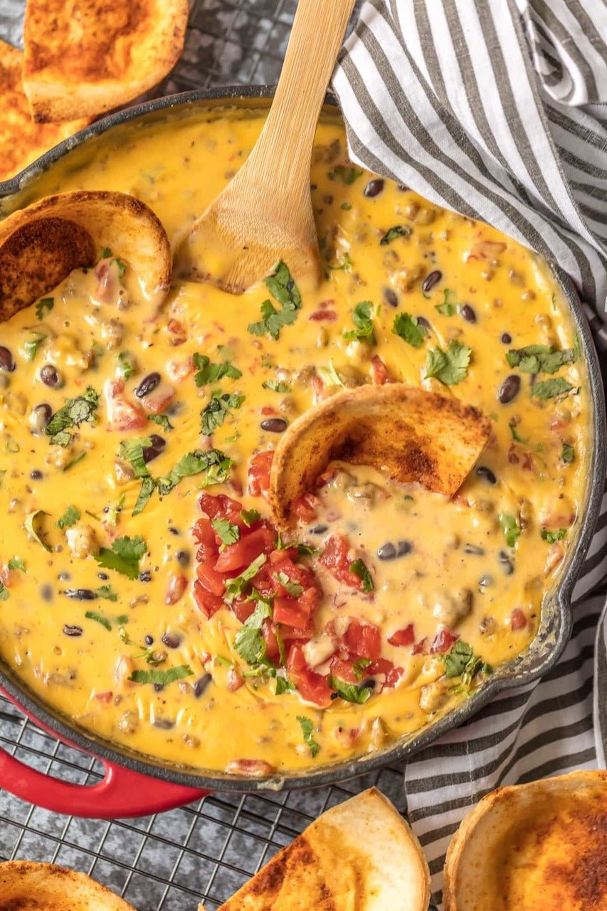 LOADED COWBOY QUESO WITH HOMEMADE TACO TORTILLA CHIPS