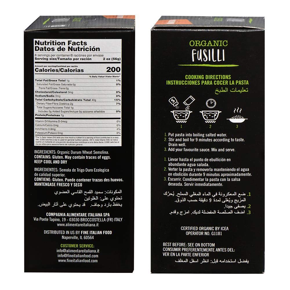 Mantova Italian Organic Fusilli Spirali Pasta - 100% Durum Semolina Organic Rotini - Pack of 6