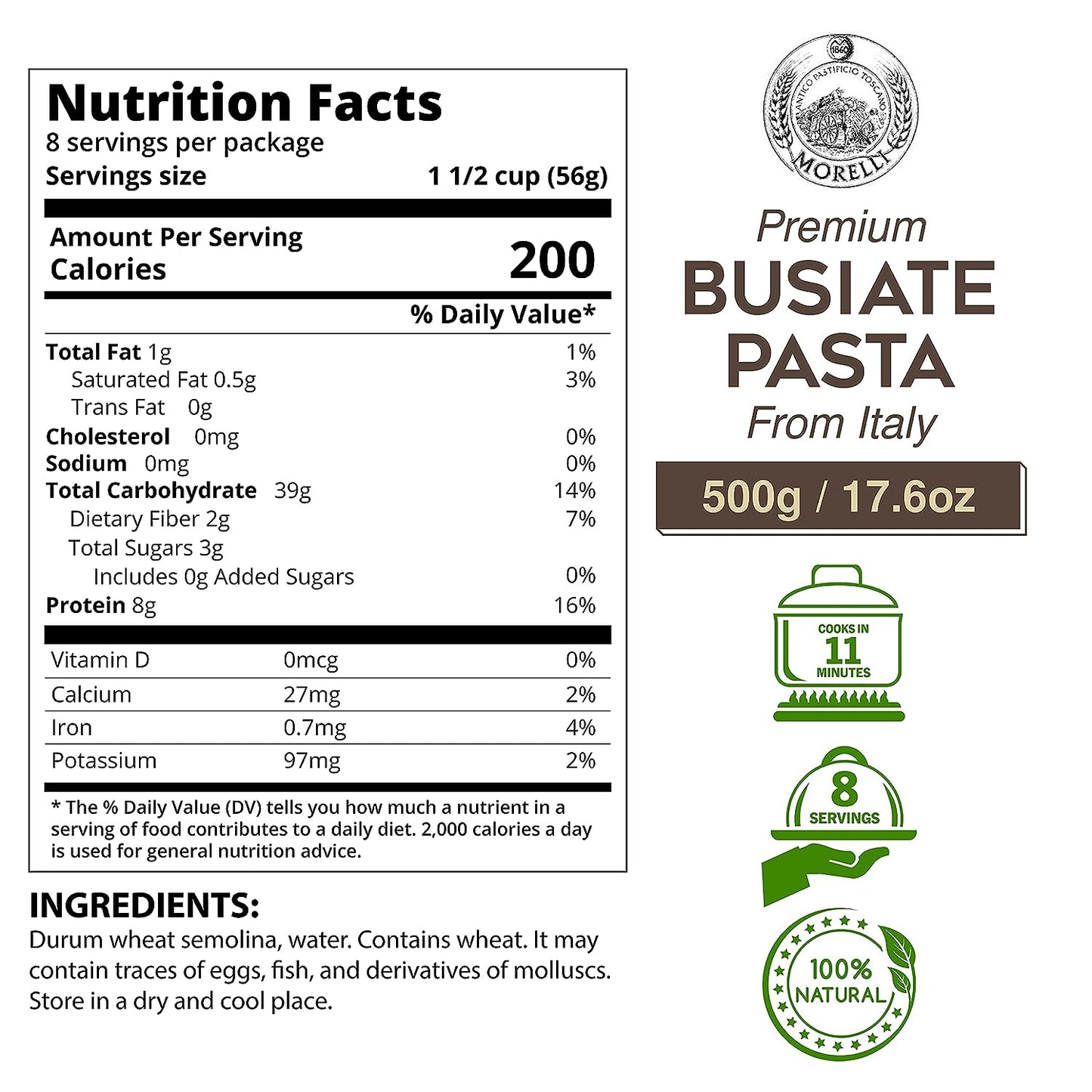 Morelli Spiral Organic Durum Wheat Semolina Italian Pasta - 2 Pack