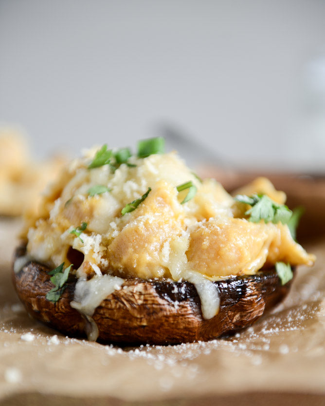 Mac and Cheese Stuffed Brown Sugar Balsamic Portobello Mushrooms