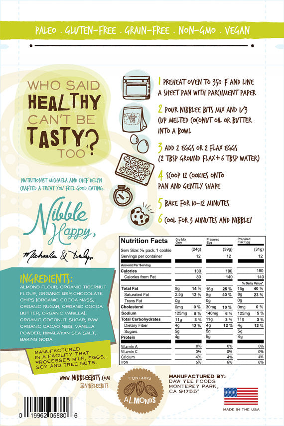 Nibblee Bits - Paleo, Gluten-Free, Grain-Free, Non-GMO, Vegan Chocolate Chip Cookie Mix