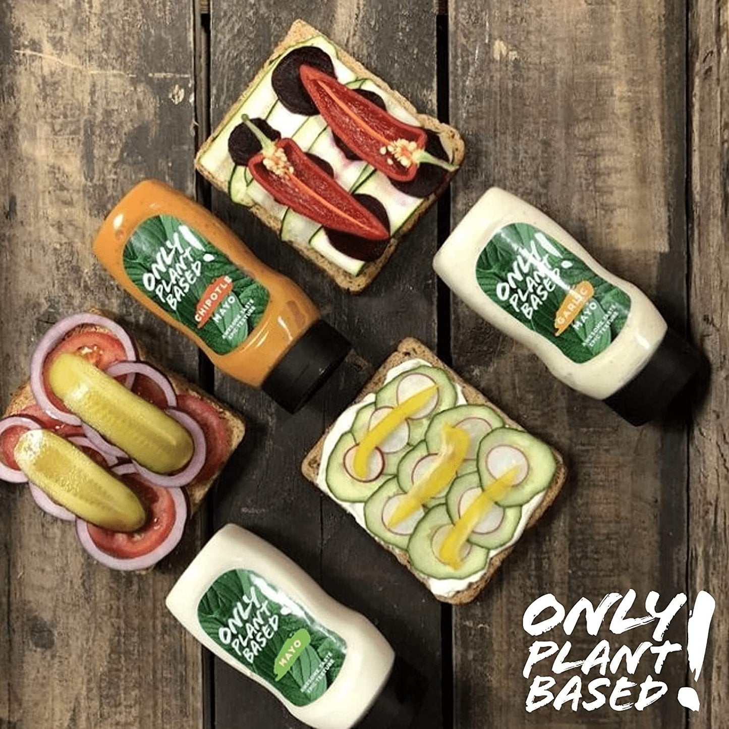 Only Plant Based Vegan Mayonnaise Variety Pack, Chipotle, Garlic, Original, Squeeze Bottle