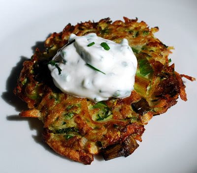 Zucchini, Potato and Scallion Pancakes with Chived Sour Cream