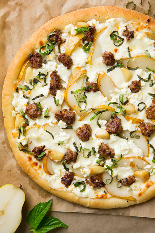 Pear Goat Cheese and Italian Sausage Pizza with Roasted Garlic and Fresh Basil