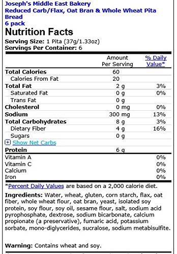 Joseph's Flax Oat Bran and Whole Wheat Pita Bread - Low Carb, 3 Pack