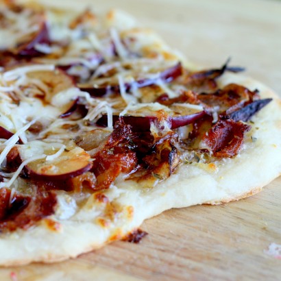 Plum Pizza with Caramelized Onions & Crispy Bacon