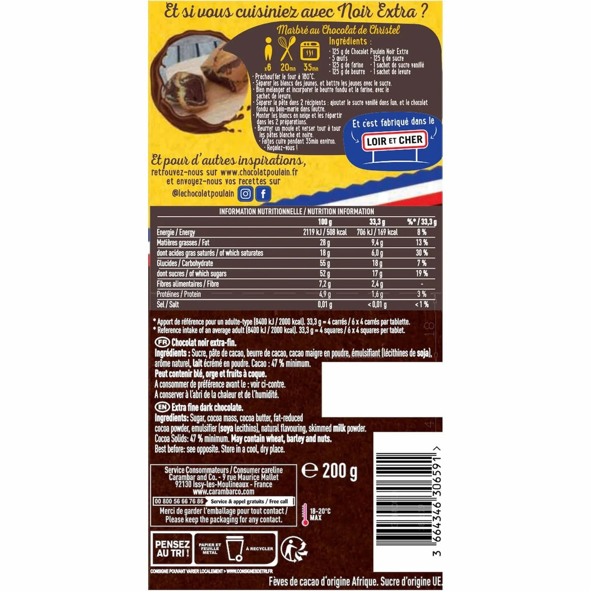 Back of pack — nutrition info, ingredient list in French/English, allergen callouts (soy, milk), Made in Loir-et-Cher