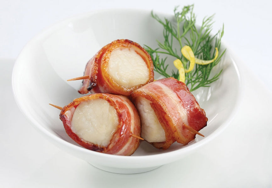 Bacon Wrapped Bay Scallops - 48 pieces per tray
