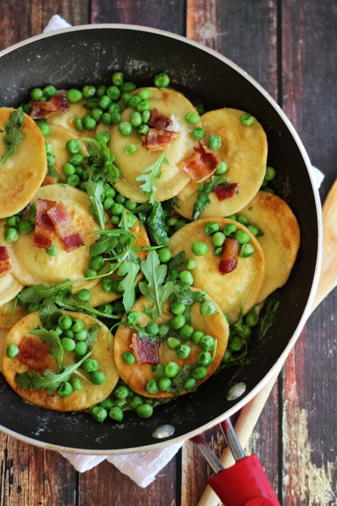 Pan-Seared Ravioli with Bacon, Peas, and Arugula