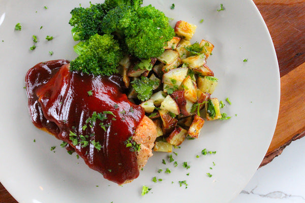 BBQ TURKEY MEATLOAF WITH ROASTED SEASONAL VEGETABLES