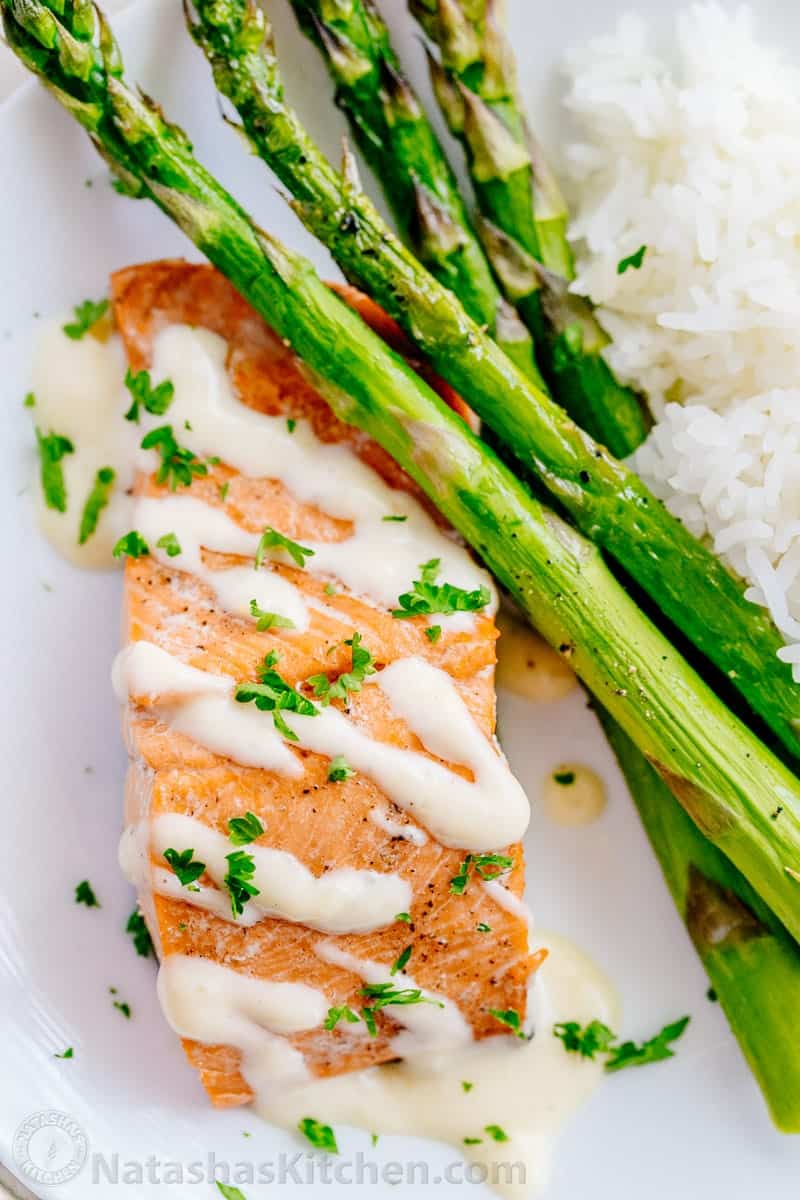 Salmon with Lemon Beurre Blanc Cream Sauce w/ Asparagus - Serves 2