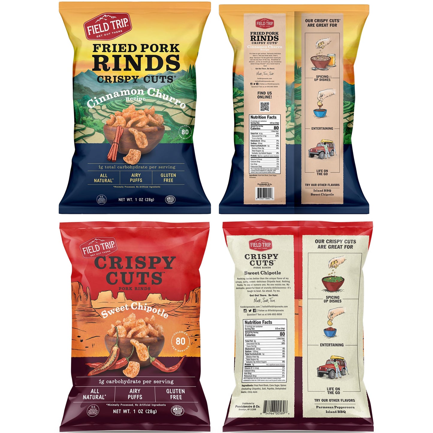 Field Trip Gluten Free Pork Rinds Cracklins, Crunchy Paleo and Keto Friendly Snack, High Protein Low Carb Snacks, Island BBQ, Cinnamon Churro, and Sweet Chipotle, 1oz Bag, 6 Variety Pack