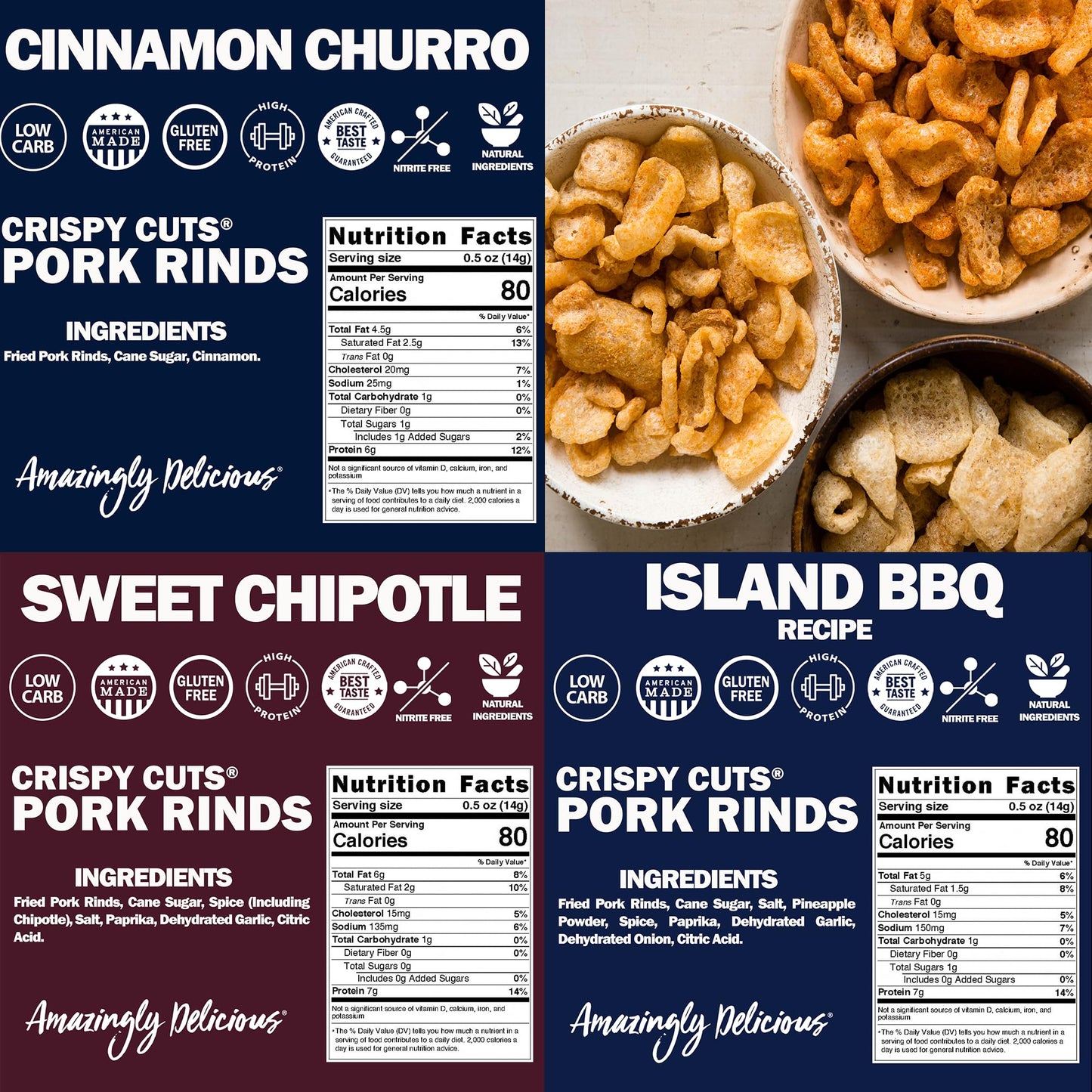 Field Trip Gluten Free Pork Rinds Cracklins, Crunchy Paleo and Keto Friendly Snack, High Protein Low Carb Snacks, Island BBQ, Cinnamon Churro, and Sweet Chipotle, 1oz Bag, 6 Variety Pack
