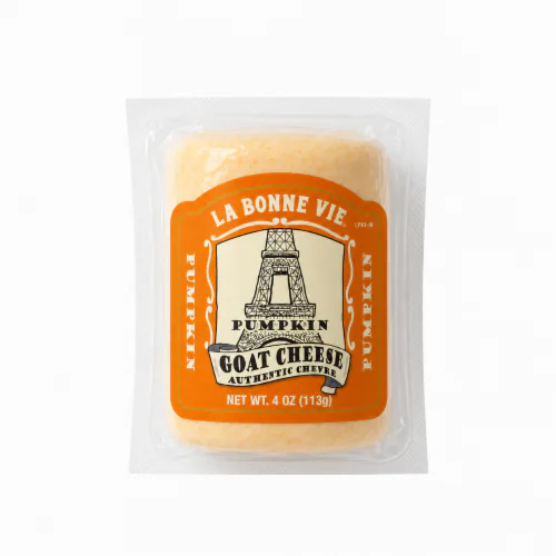 A 4 oz package of La Bonne Vie Pumpkin Goat Cheese, showing the pale yellow cheese inside a clear plastic bag with a prominent orange and cream label.