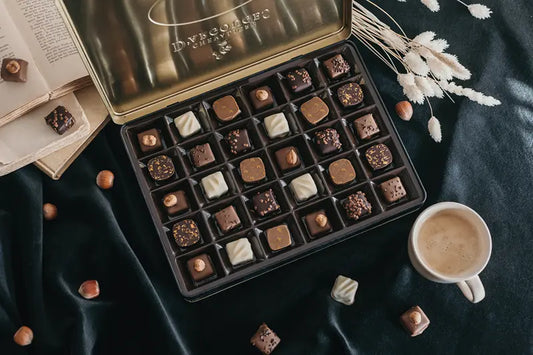 Chevaliers d’Argouges Assorted Milk, Dark & White Chocolates in Black Vintage Box – 300g