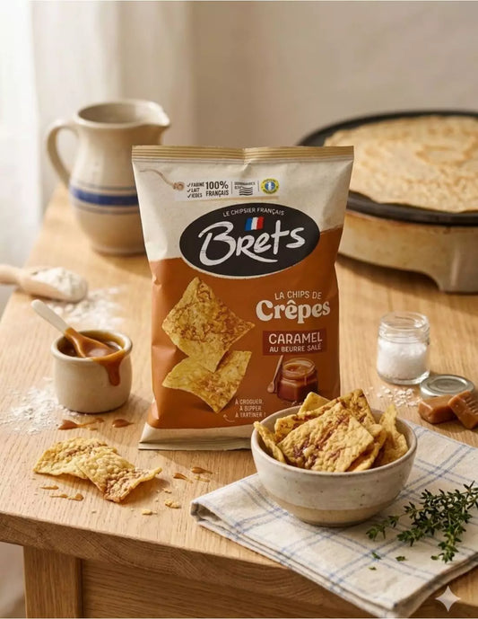 Brets Salted Butter Caramel crêpe-chip bag beside a bowl of golden crisps and caramel sauce
