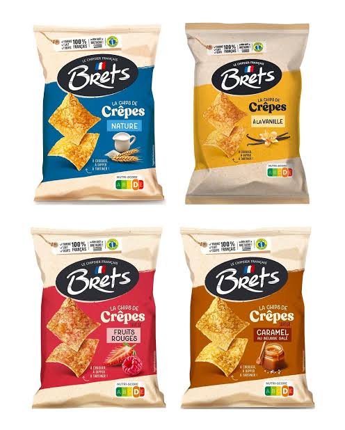 Brets Plain, Vanilla, Red Fruits and Salted Butter Caramel crêpe-chip bags on a white background
