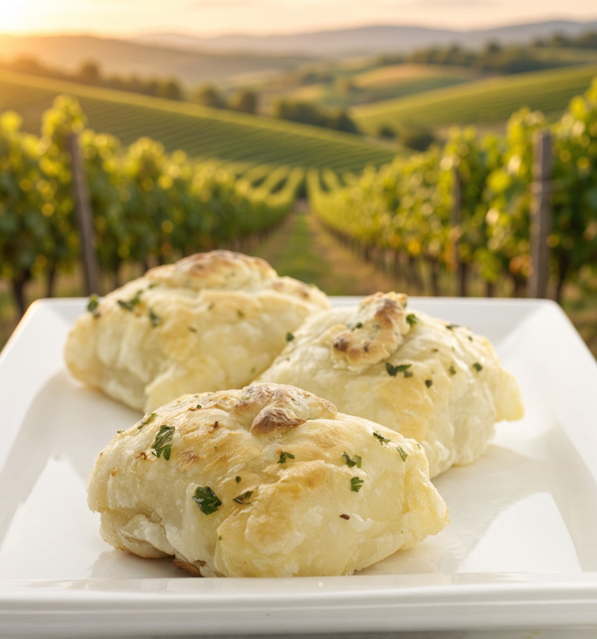 Herb-topped petite Coq au Vin bites on a white platter overlooking vineyard rows