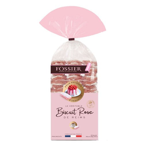 Fossier Biscuit Rose de Reims packaged in a clear plastic bag with a pink paper fan at the top and a pink front label, shown on a white background.